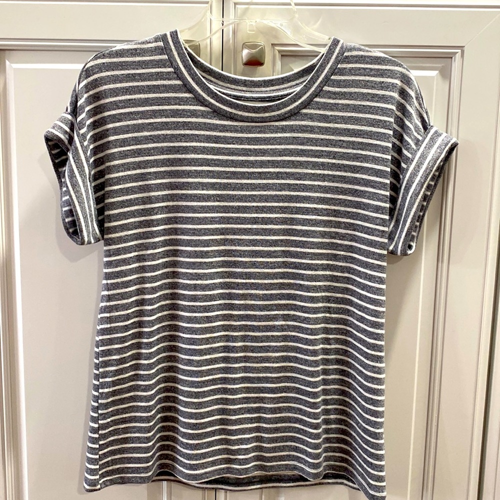 A.N.A. Soft knit grayish-black and white striped shirt with cuffed sleeves.